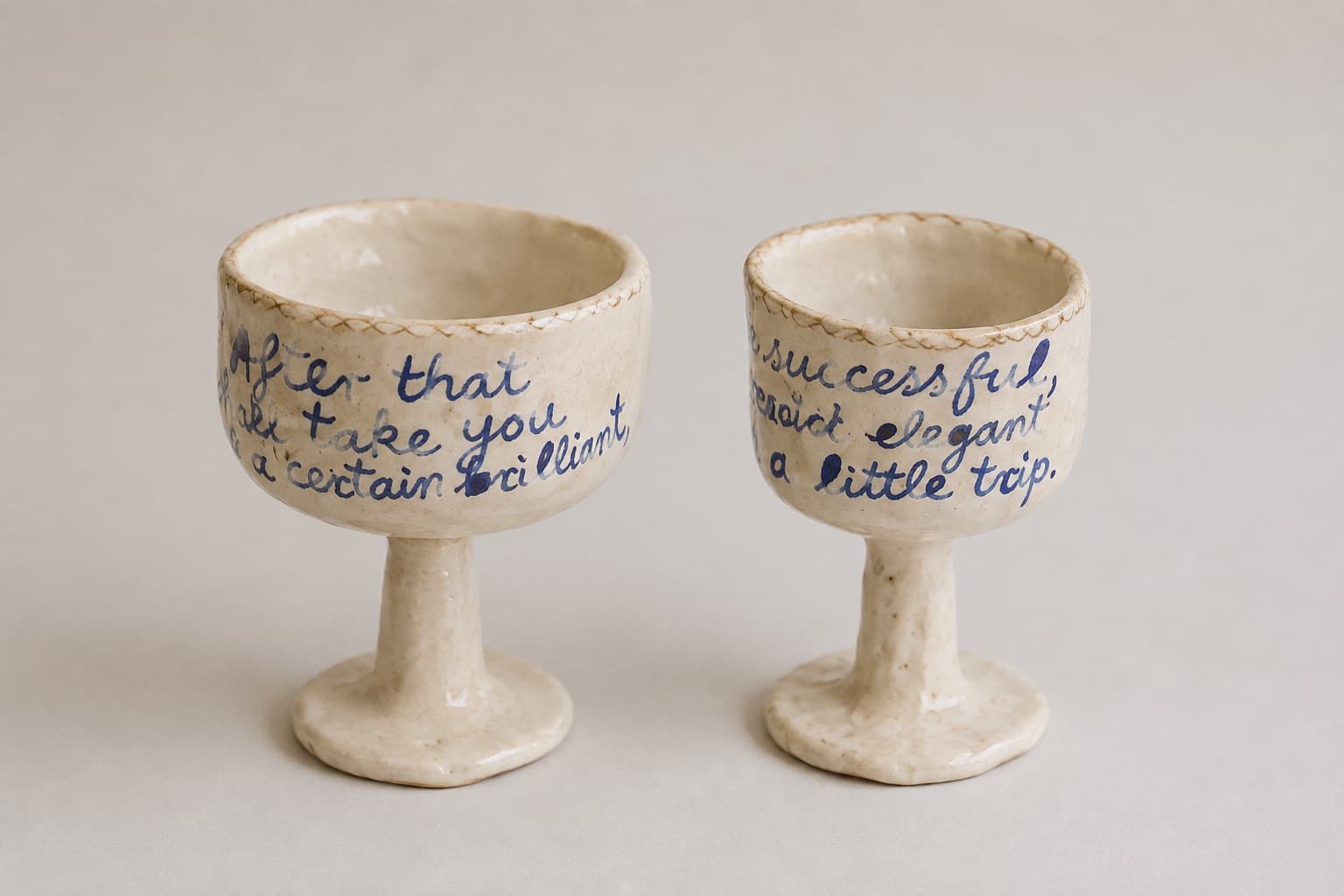 dos copas de cerámica pintadas a mano con texto
